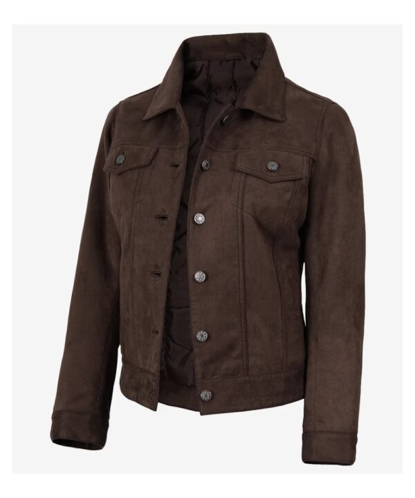 Dark Brown Faux Suede Jacket for Women – Trucker Style