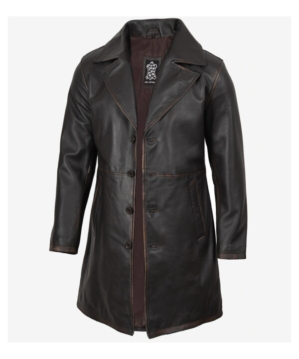 Men’s Dark Brown Real Leather Car Coat – Classic Long Style