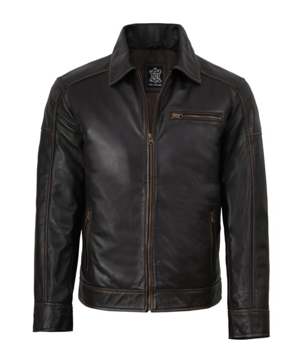 Men’s Dark Brown Rub Off Leather Harrington Jacket – Classic Style