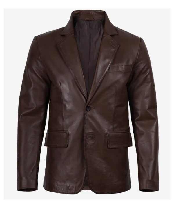 Men's Dark Brown Waxed Leather Blazer with Two-Button Design