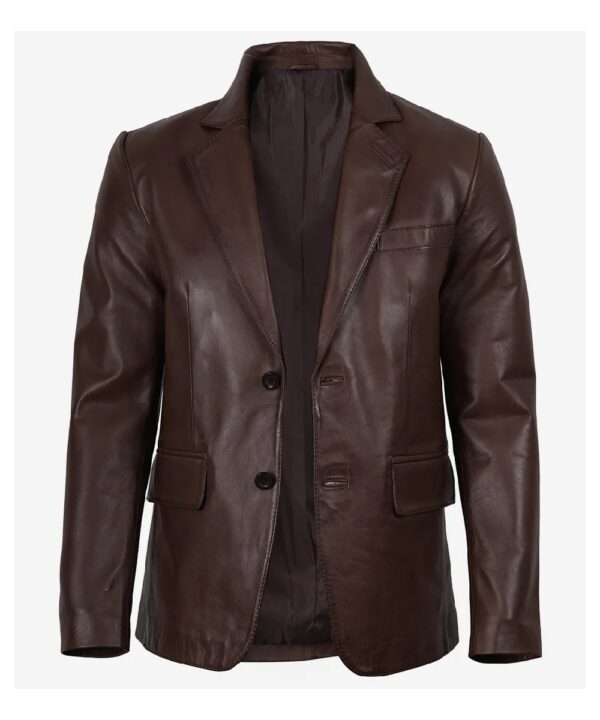 Men's Dark Brown Waxed Leather Blazer with Two-Button Design
