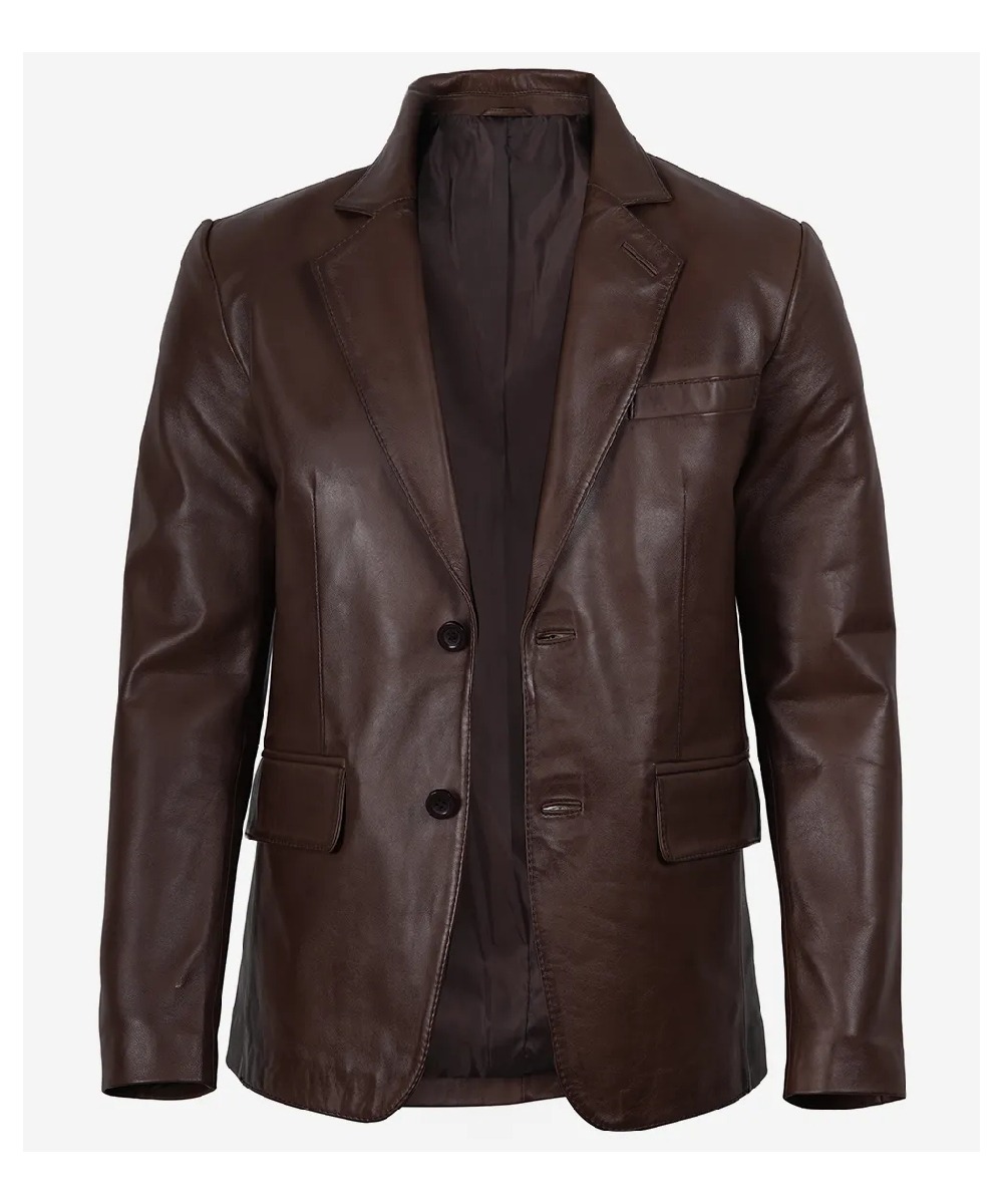 Men's Dark Brown Waxed Leather Blazer with Two-Button Design