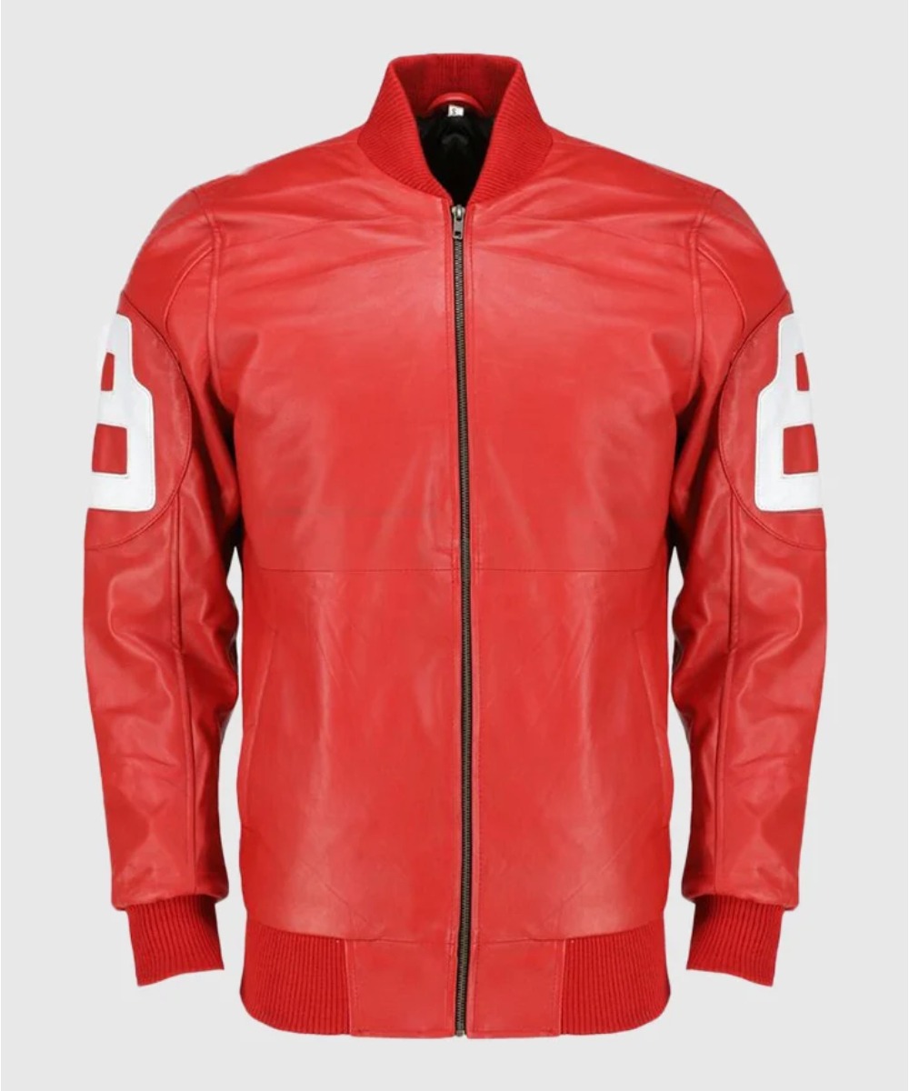 Dizller 8 Ball Pool Red Letterman Bomber Leather Jacket