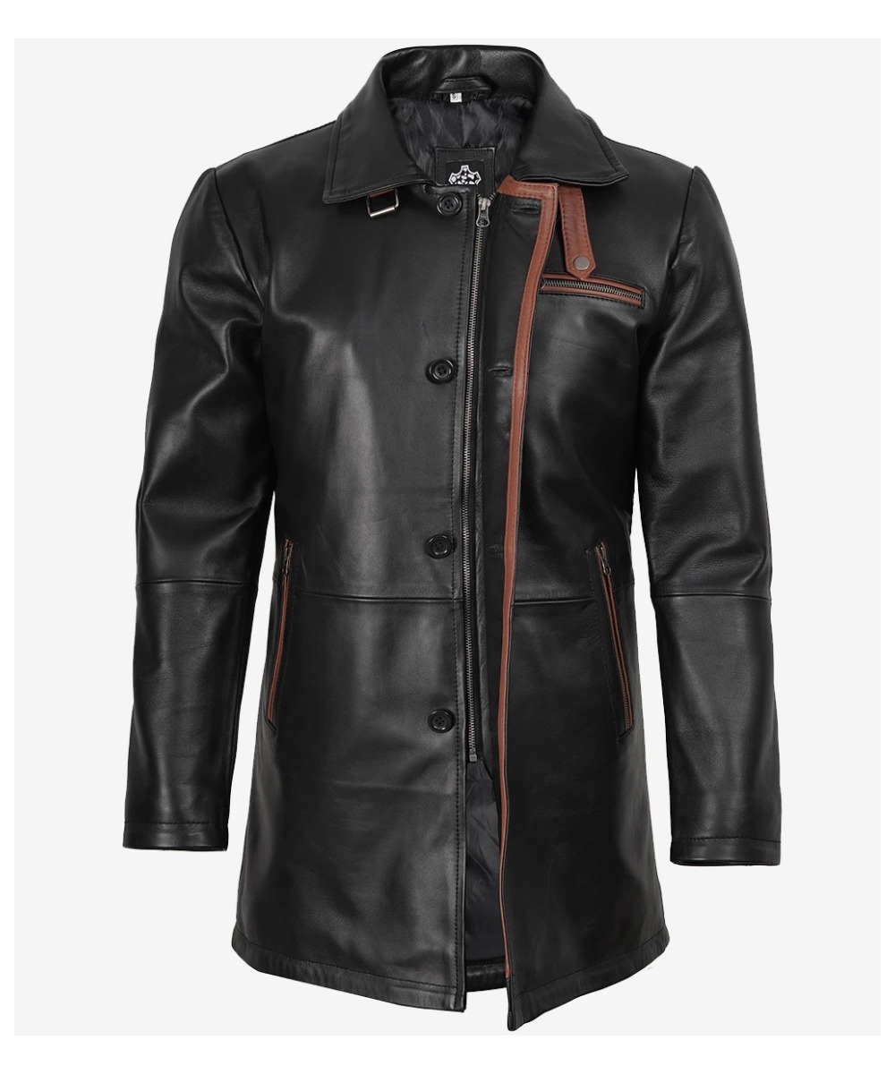 Men’s Black Real Leather Car Coat – Classic Long Style