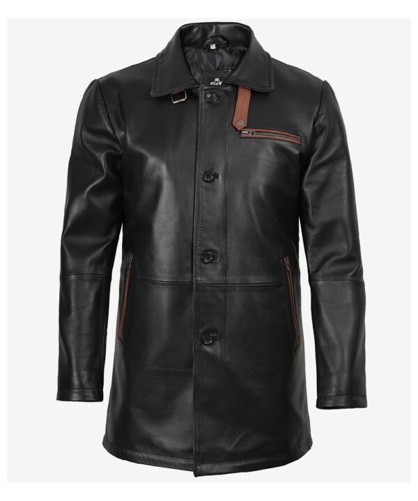 Men’s Black Real Leather Car Coat – Classic Long Style