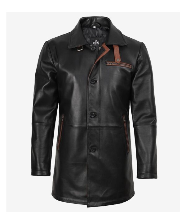 Men’s Black Real Leather Car Coat – Classic Long Style