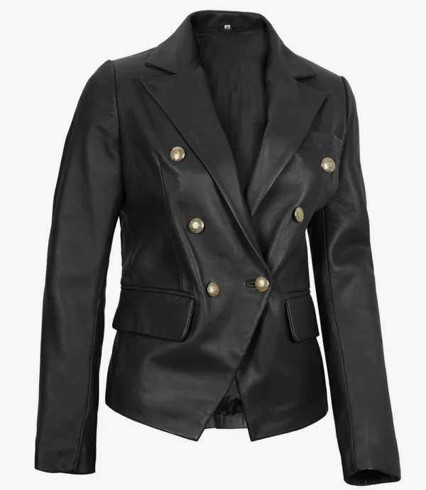 Women’s Double-Breasted Black Leather Blazer