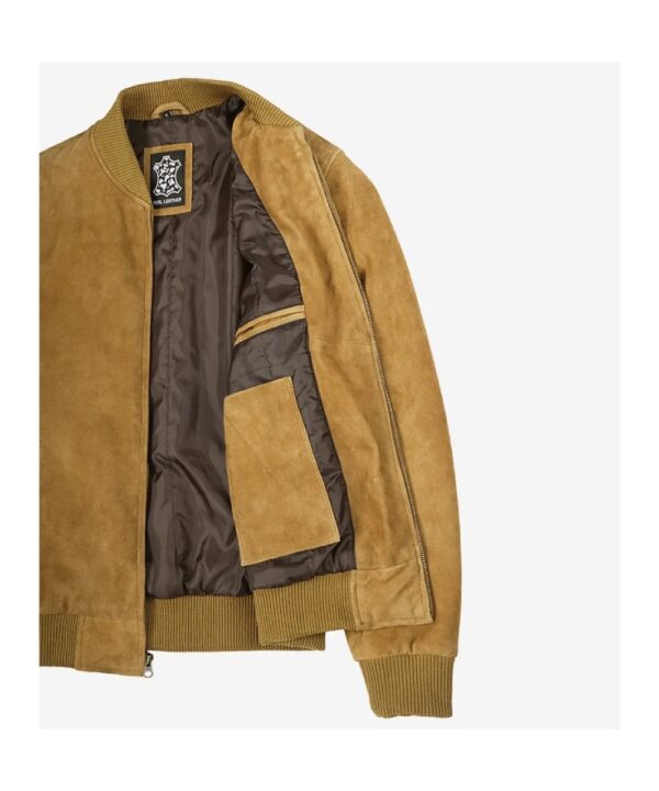 Men’s Light Brown Suede Bomber Jacket – Classic Ribbed Zip-Up Style