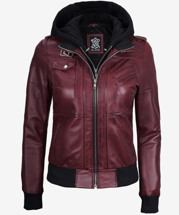 Women’s Maroon Leather Bomber Jacket – Hooded Casual Style