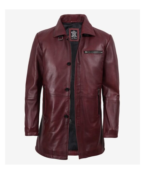 Men’s Maroon Waxed Leather Car Coat – Classic Long Style