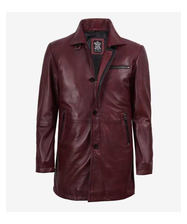 Men’s Maroon Waxed Leather Car Coat – Classic Long Style