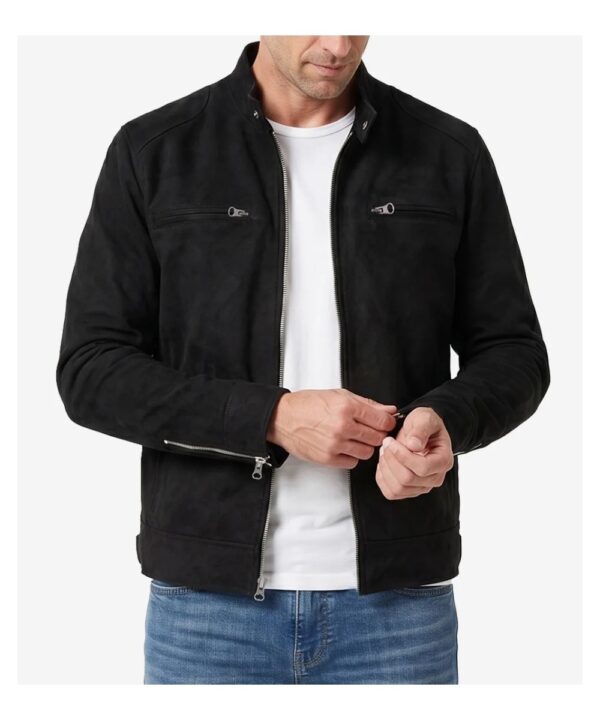 Men’s Black Faux Suede Jacket – Classic Zip-Up Biker Style