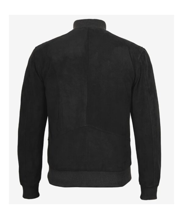 Men’s Black Suede Bomber Jacket – Classic Mandarin Collar