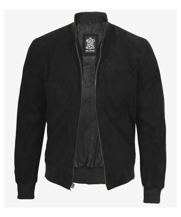 Men’s Black Suede Bomber Jacket – Classic Mandarin Collar