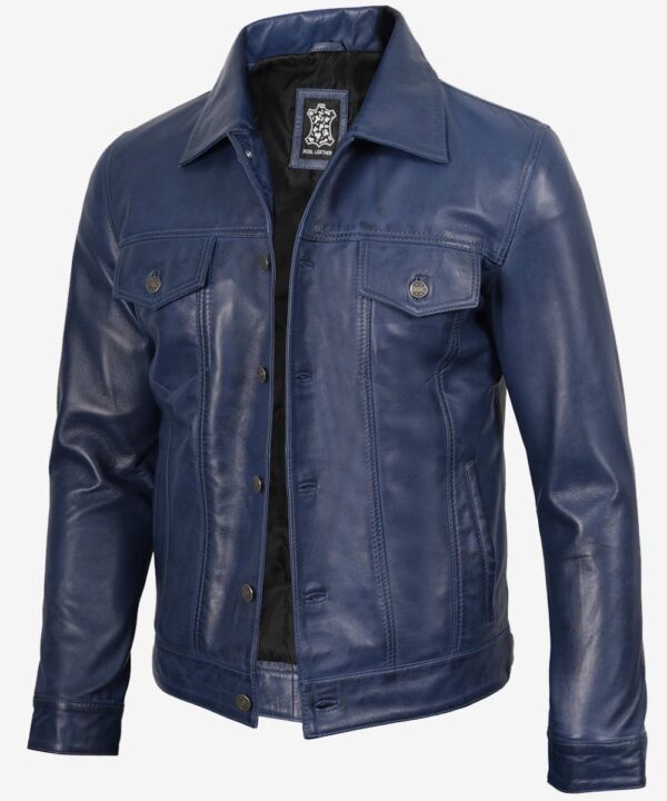 Men’s Blue Waxed Lambskin Leather Jacket – Rugged Trucker Style