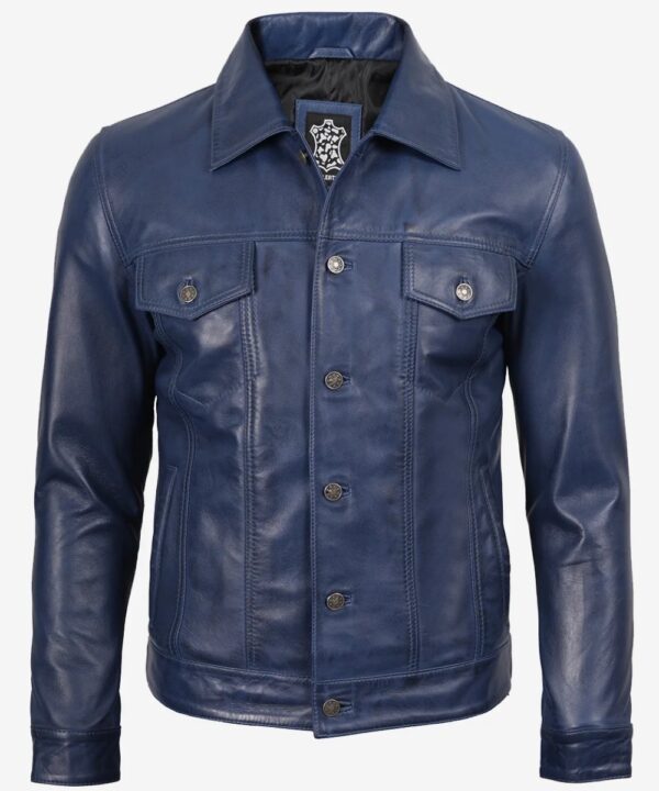 Men’s Blue Waxed Lambskin Leather Jacket – Rugged Trucker Style