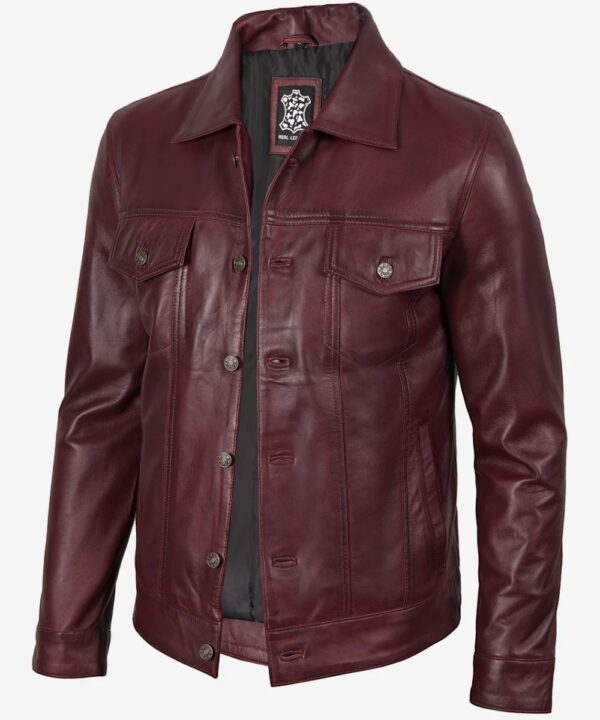 Men’s Burgundy Lambskin Leather Jacket – Classic Trucker Style