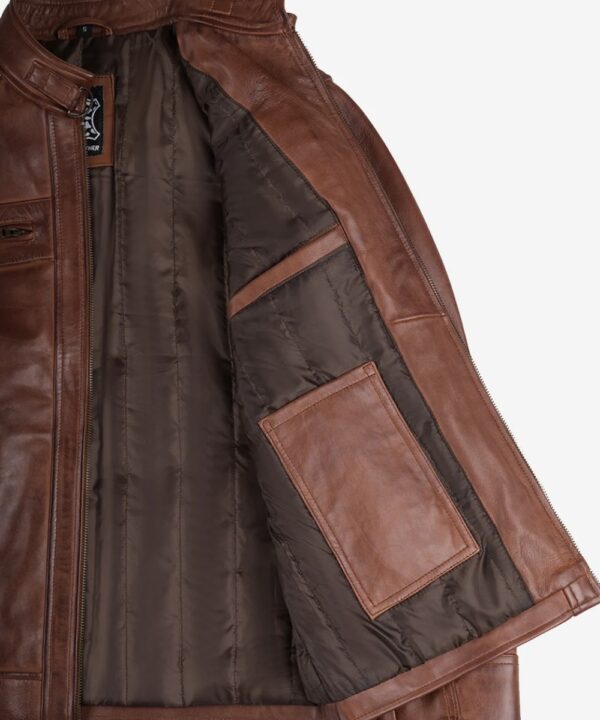 Men’s Cognac Leather Café Racer Jacket – Quilted Shoulder Detail