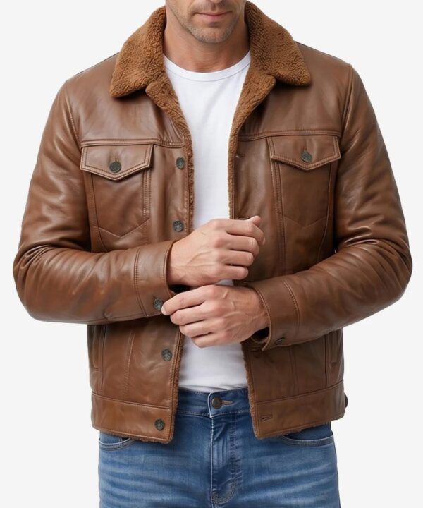 Men’s Cognac Leather Sherpa Jacket – Warm Trucker-Inspired Style
