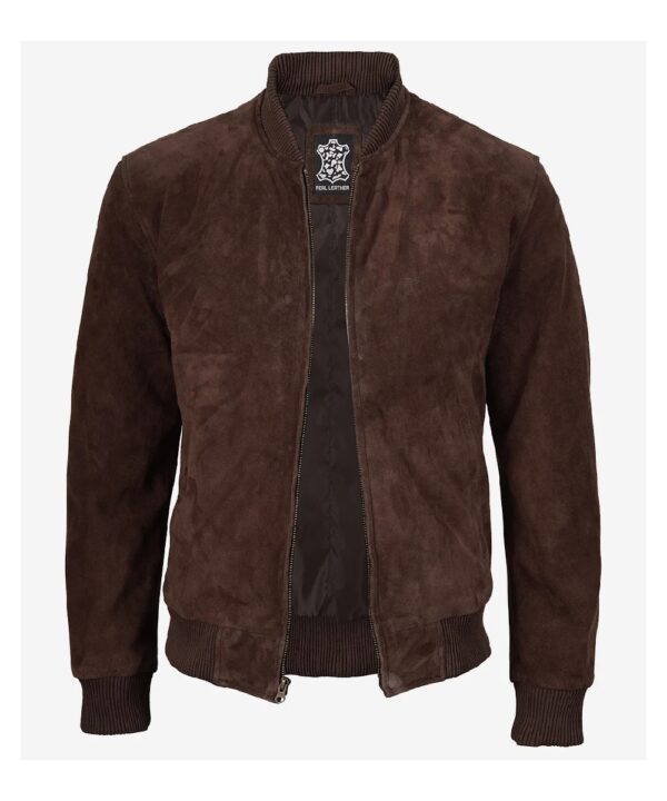 Men’s Dark Brown Suede Bomber Jacket – Classic Zip-Up Style