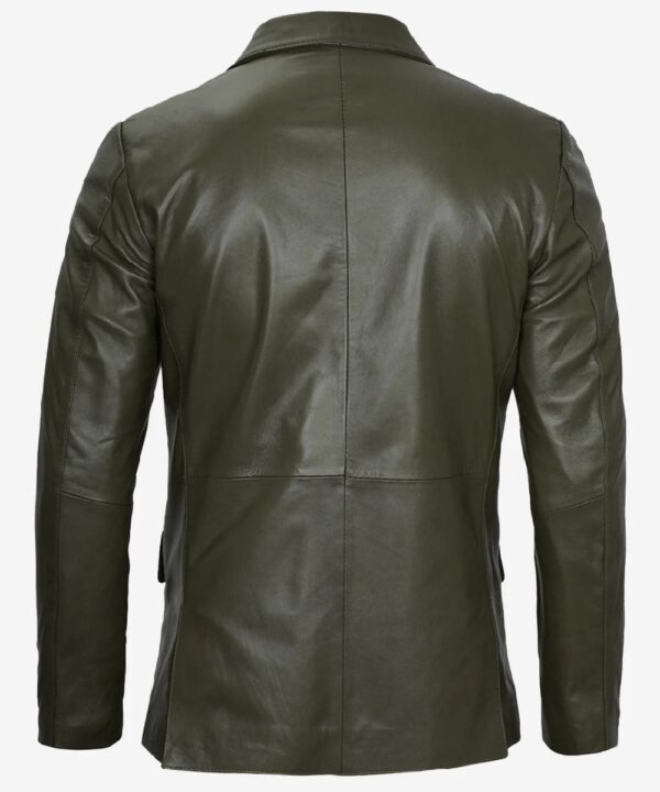 Men’s Olive Green Real Leather Blazer – Two-Button Classic Style