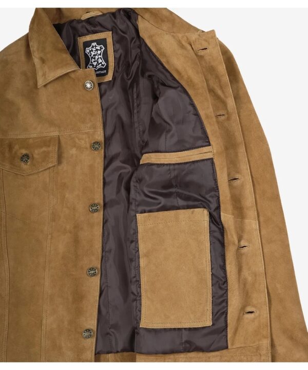 Men’s Tan Real Suede Trucker Jacket – Classic Button-Up Style