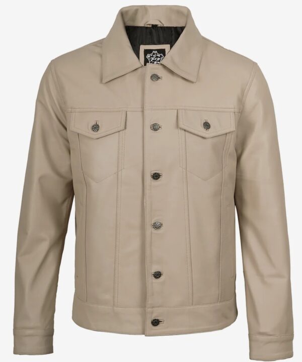Men’s Beige Lambskin Leather Trucker Jacket – Classic Casual Style