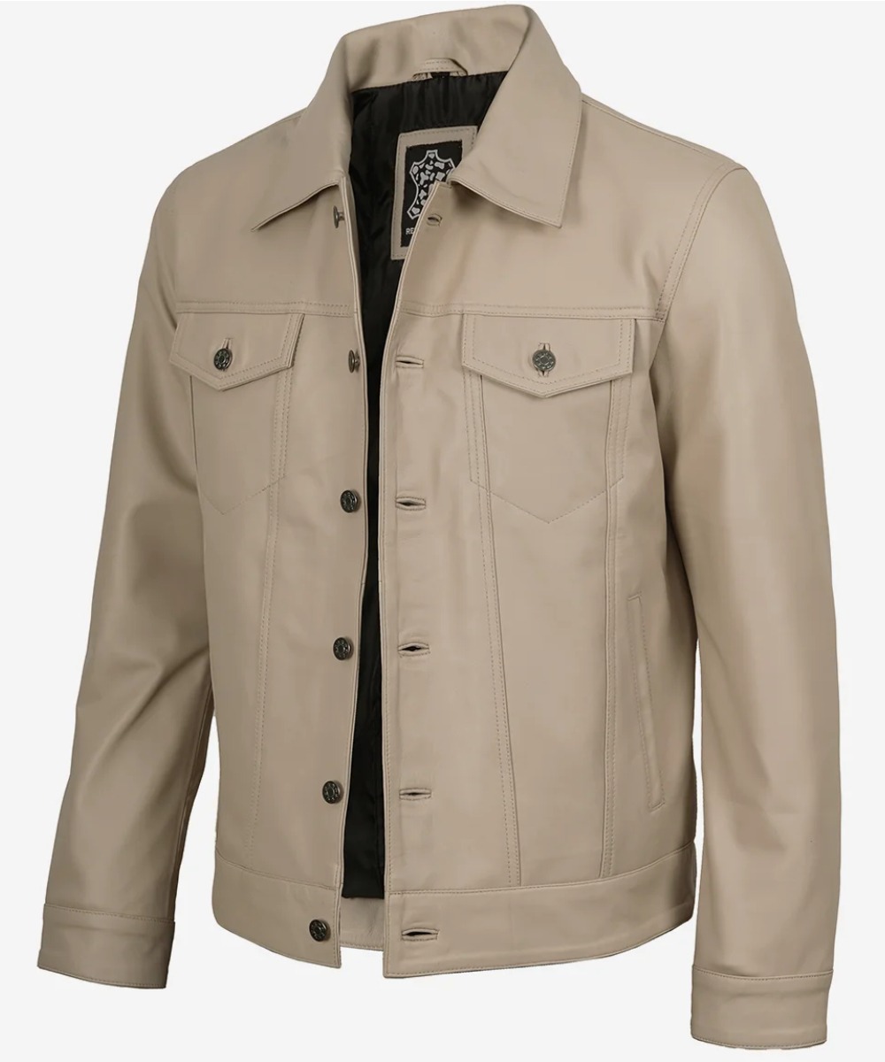 Men’s Beige Lambskin Leather Trucker Jacket – Classic Casual Style