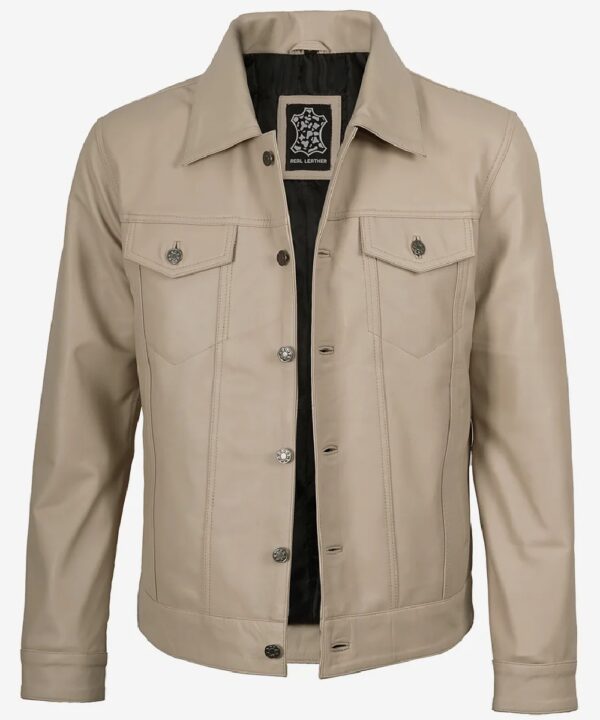 Men’s Beige Lambskin Leather Trucker Jacket – Classic Casual Style