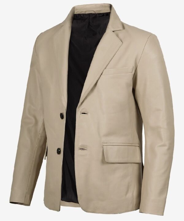 Men’s Beige Real Leather Blazer – Two-Button Notch Lapel Style