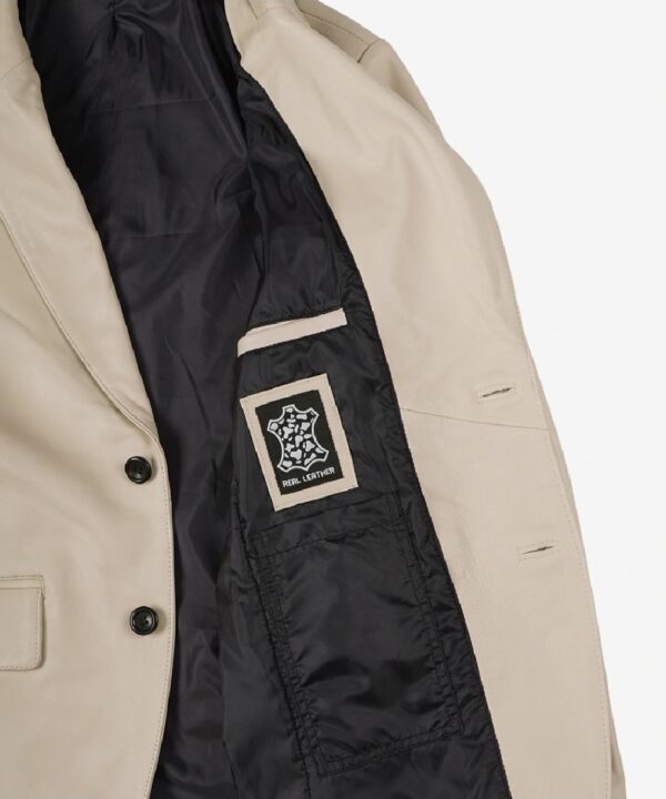 Men’s Beige Real Leather Blazer – Two-Button Notch Lapel Style
