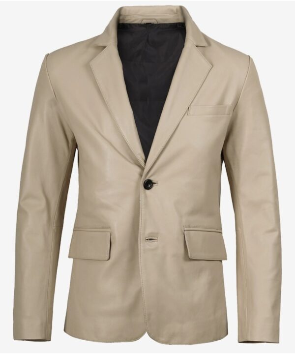 Men’s Beige Real Leather Blazer – Two-Button Notch Lapel Style