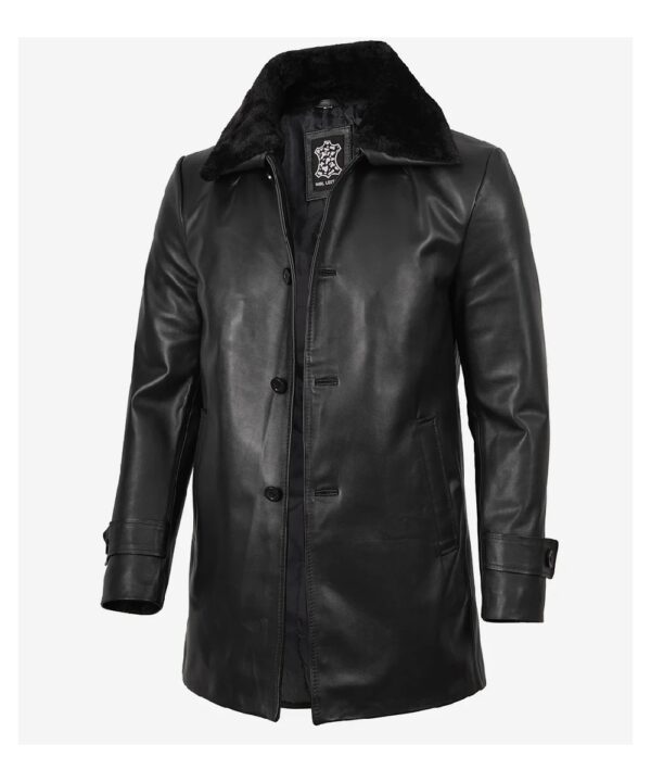 Men’s Black Cowhide Leather Coat – Shearling Collar Style