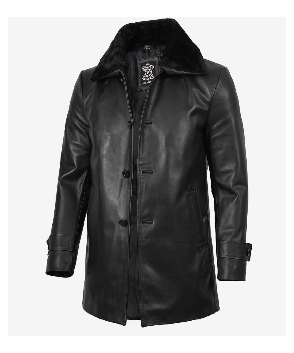 Men’s Black Cowhide Leather Coat – Shearling Collar Style