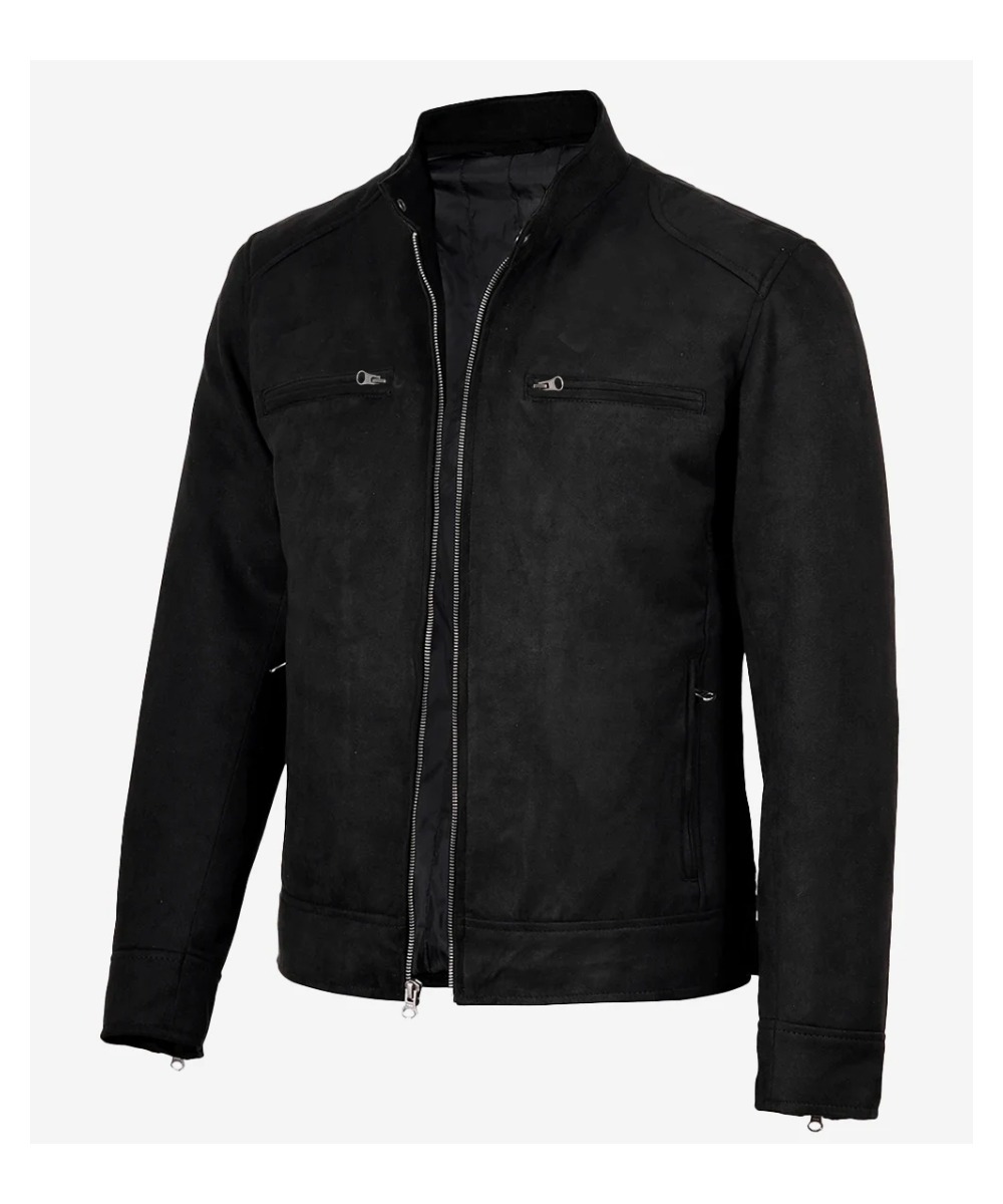 Men’s Black Faux Suede Jacket – Classic Zip-Up Biker Style