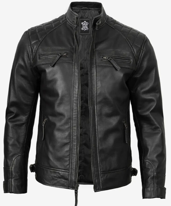 Men’s Black Leather Biker Jacket – Quilted Shoulder Panels