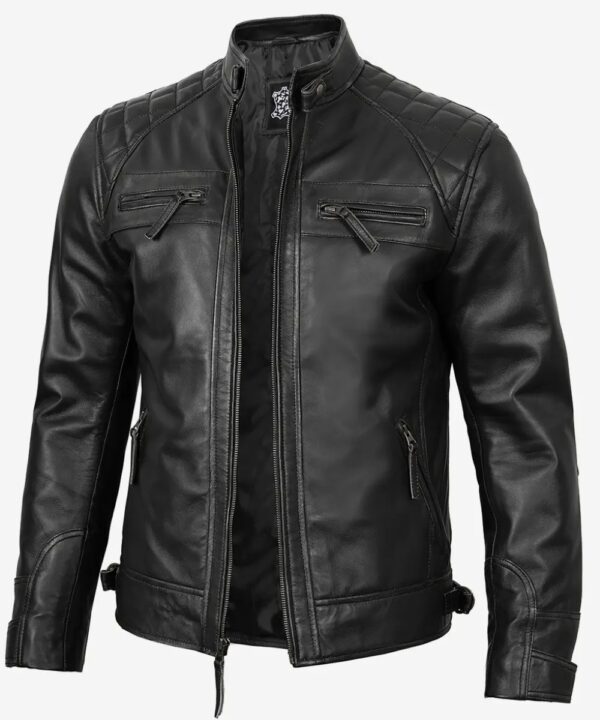 Men’s Black Leather Biker Jacket – Quilted Shoulder Panels