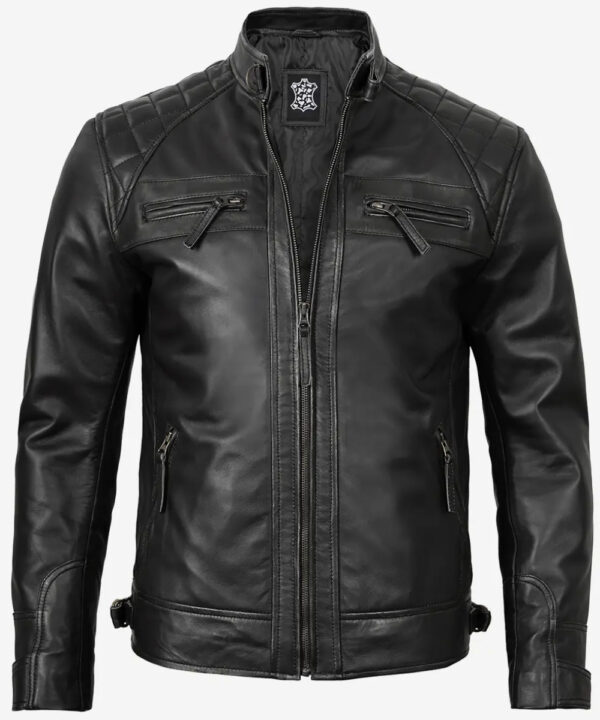 Men’s Black Leather Biker Jacket – Quilted Shoulder Panels