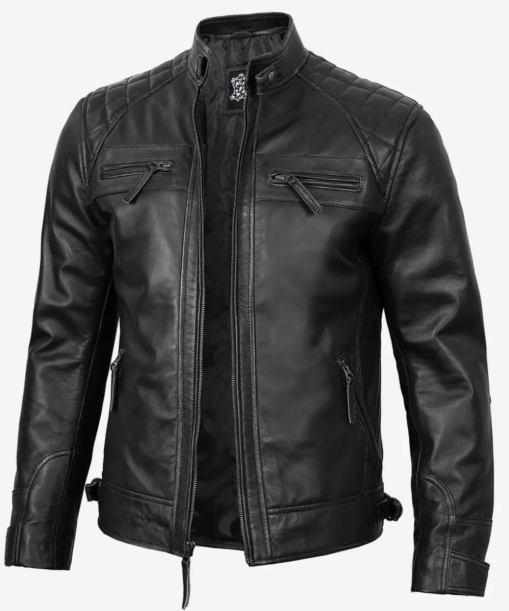 Men’s Black Leather Biker Jacket – Quilted Shoulder Panels