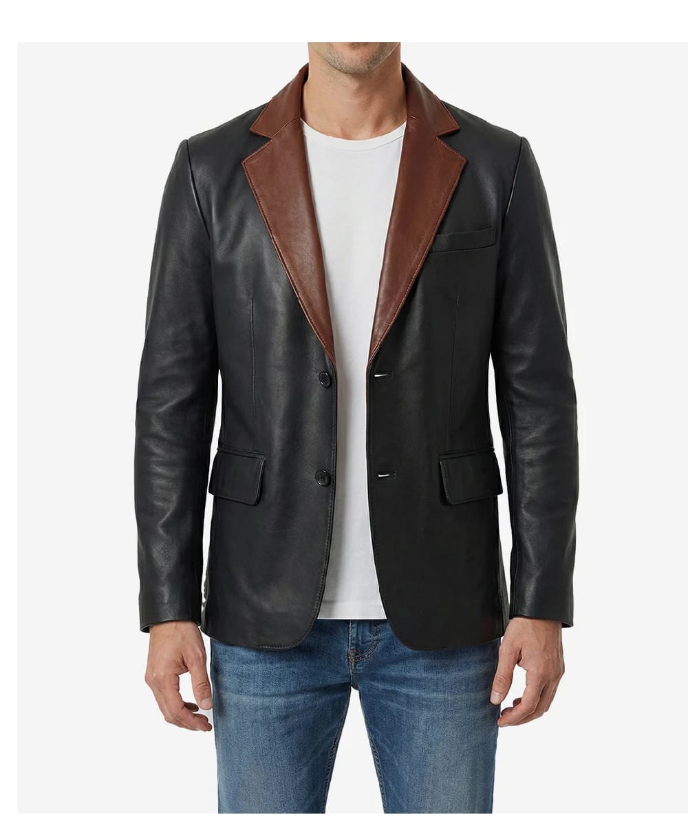 Men’s Black Leather Blazer – Cognac Contrast Notch Lapel