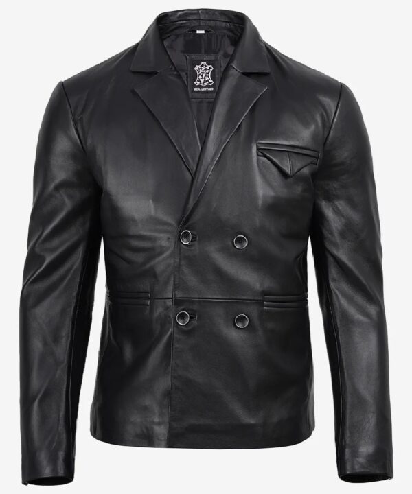 Men’s Black Leather Blazer – Double-Breasted Tailored Fit
