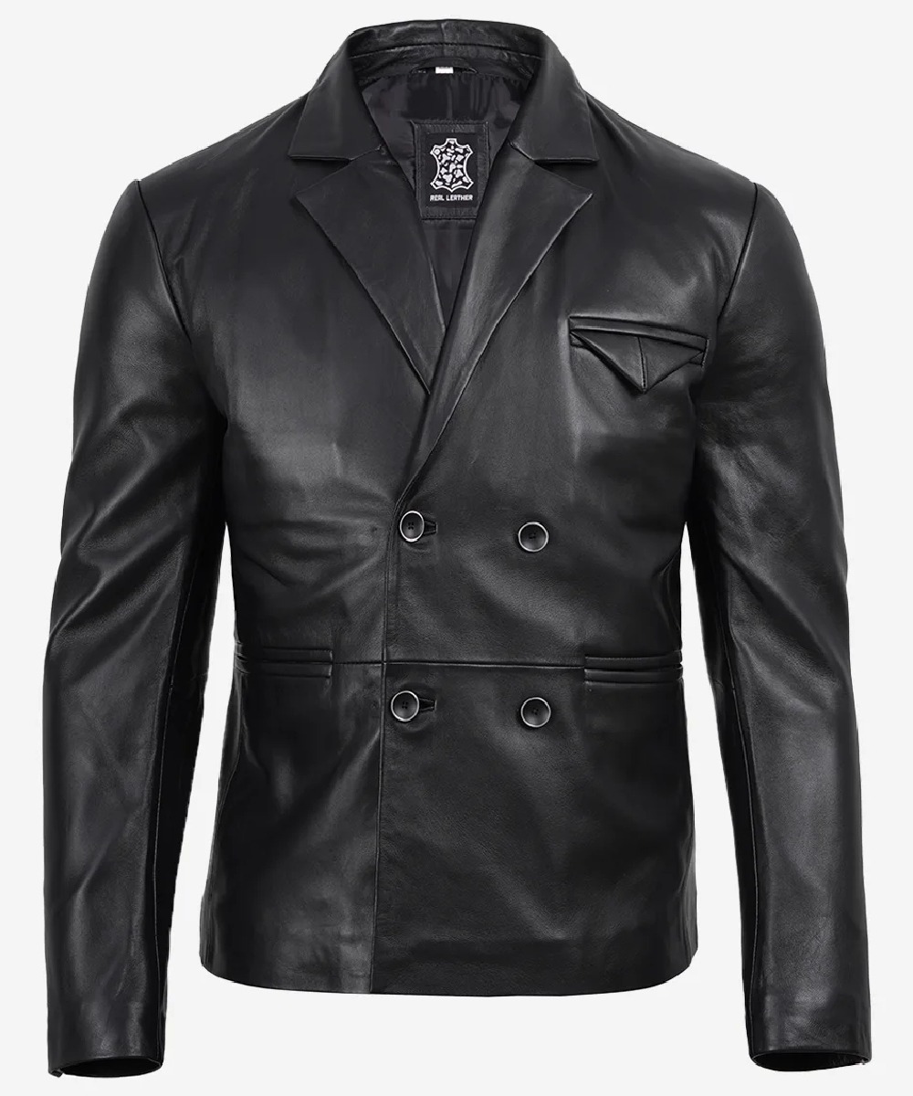 Men’s Black Leather Blazer – Double-Breasted Tailored Fit