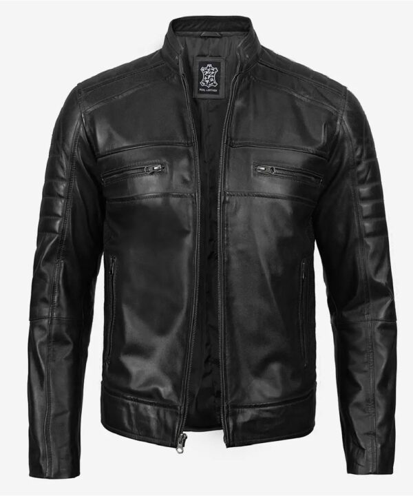 Men’s Black Leather Café Racer Jacket – Classic Zip-Up Style