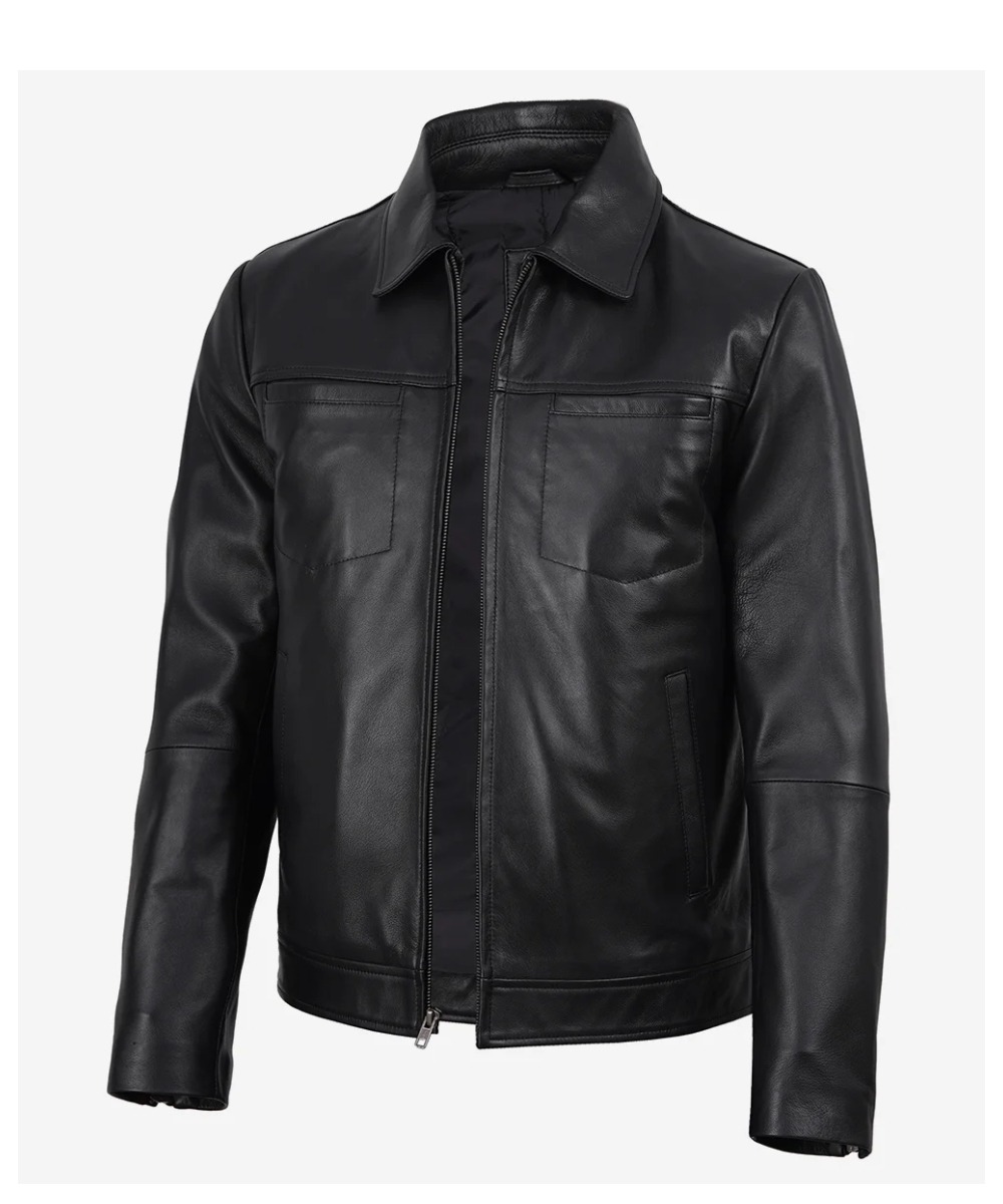 Men’s Black Leather Harrington Jacket – Classic Casual Style