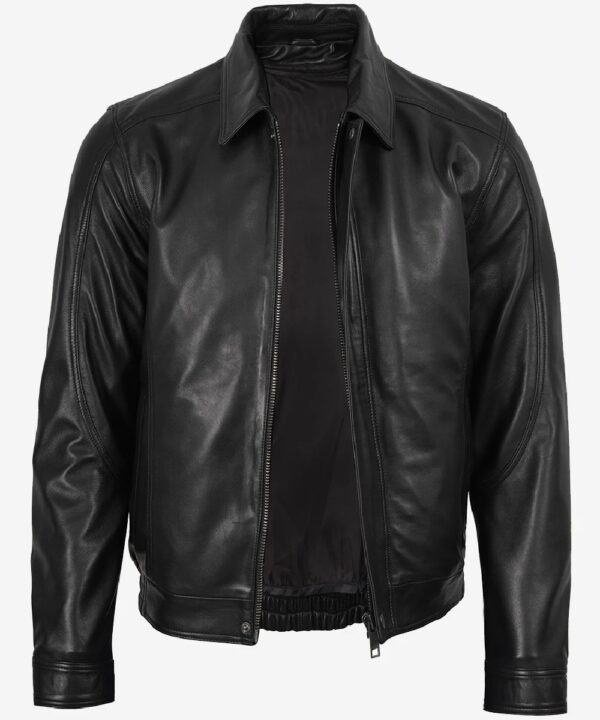 Men’s Black Genuine Leather Bomber Jacket – Shirt Collar Style