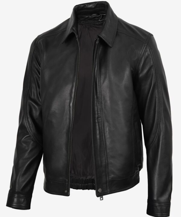 Men’s Black Genuine Leather Bomber Jacket – Shirt Collar Style