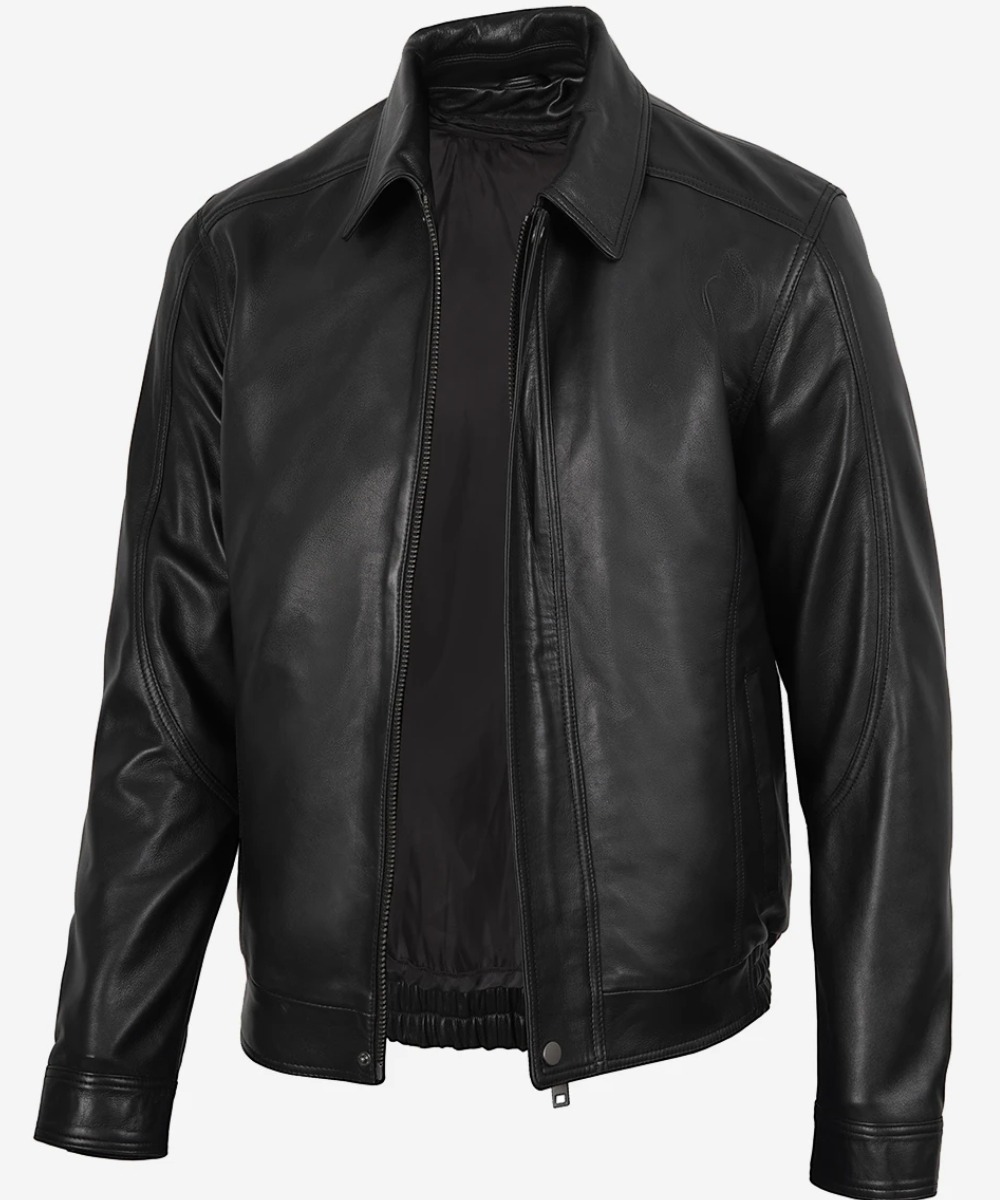 Men’s Black Genuine Leather Bomber Jacket – Shirt Collar Style