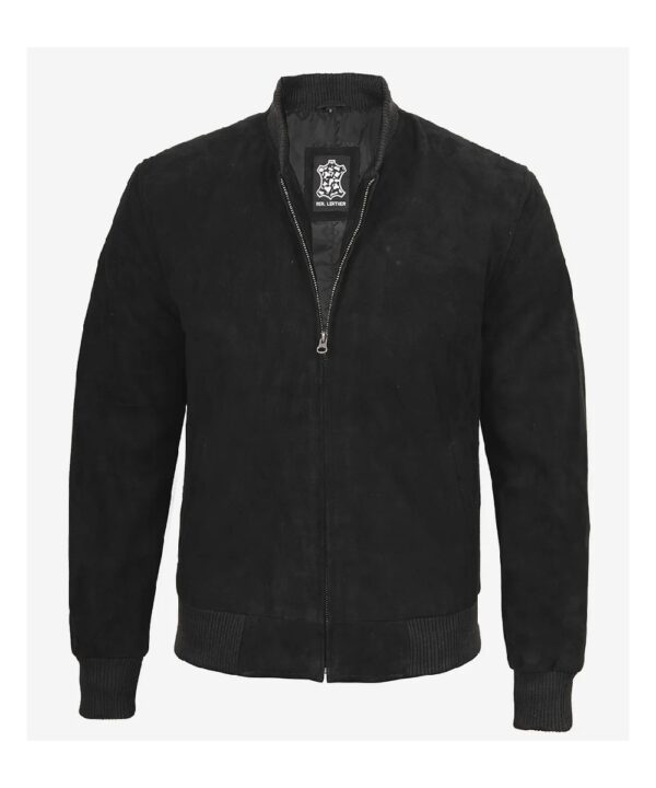Men’s Black Suede Bomber Jacket – Classic Mandarin Collar