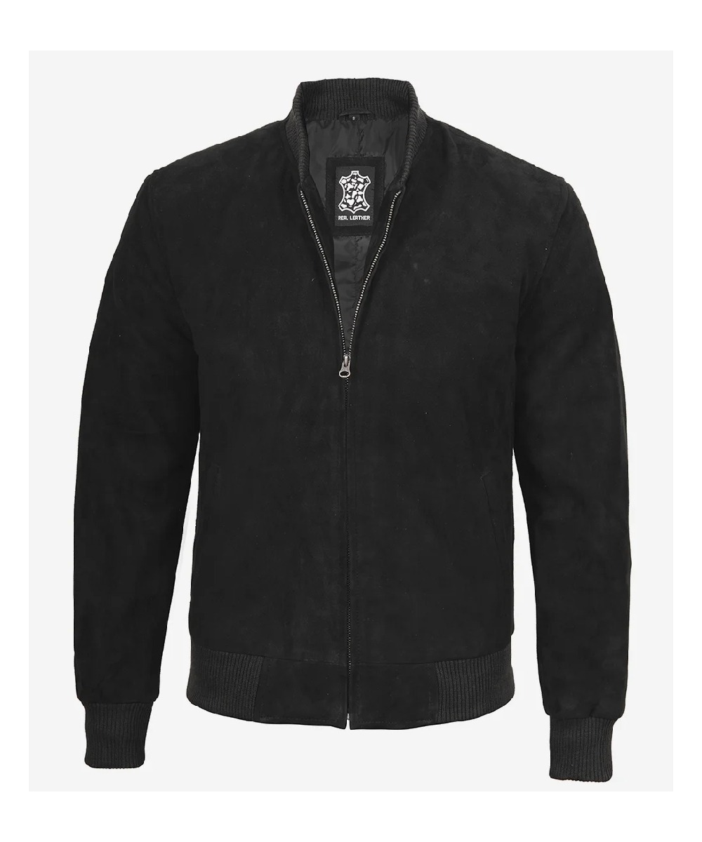 Men’s Black Suede Bomber Jacket – Classic Mandarin Collar