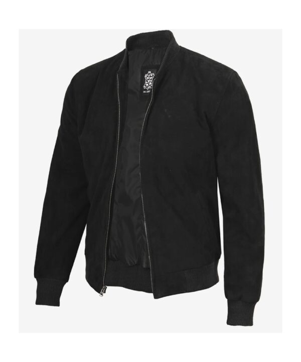 Men’s Black Suede Bomber Jacket – Classic Mandarin Collar